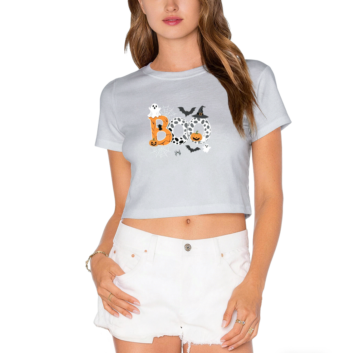 Boo Spooky Ghost Bat Witch Hat Halloween Crop Top