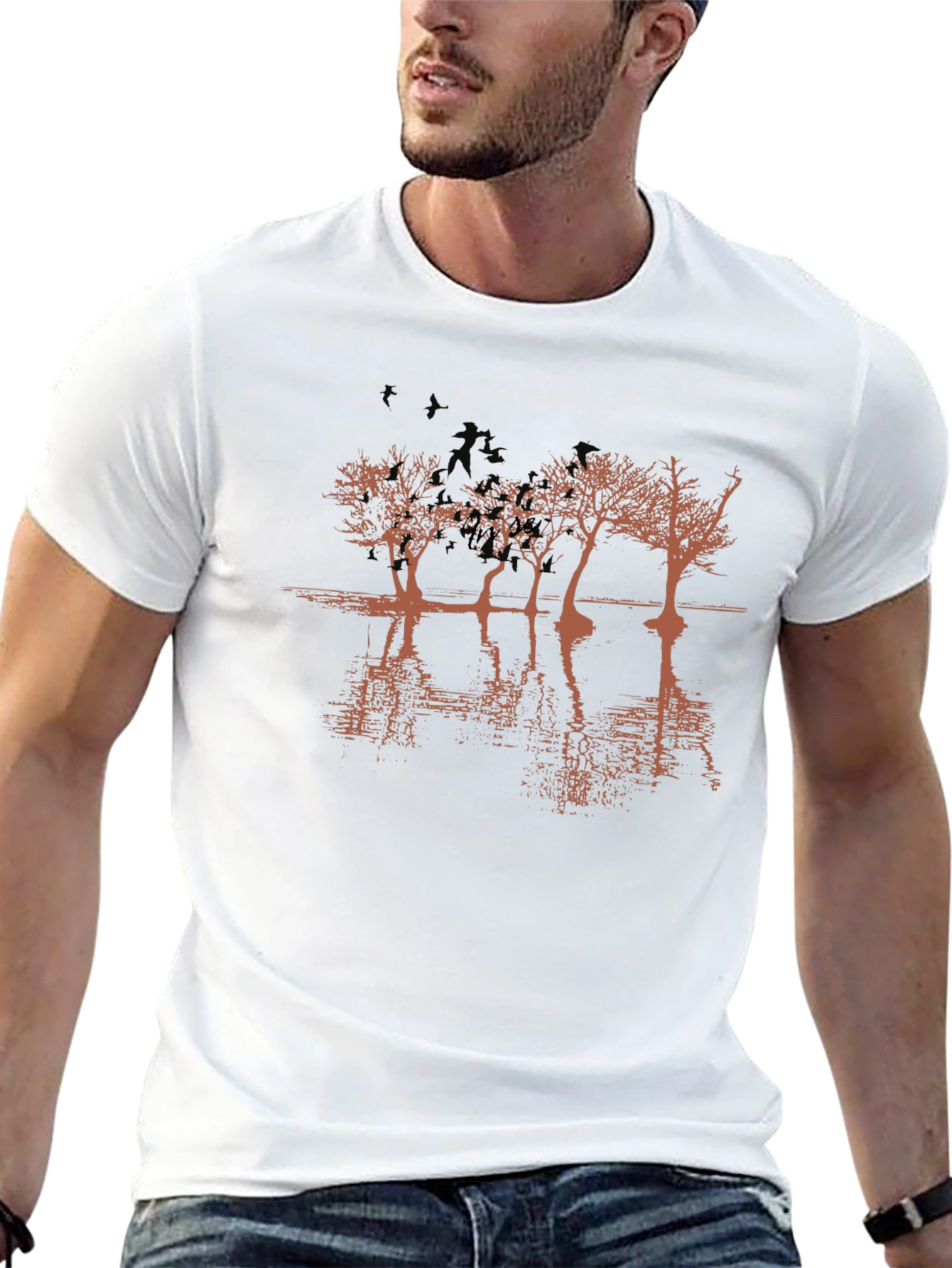 Mens Black Graphic T-Shirt - Tree Reflection Design