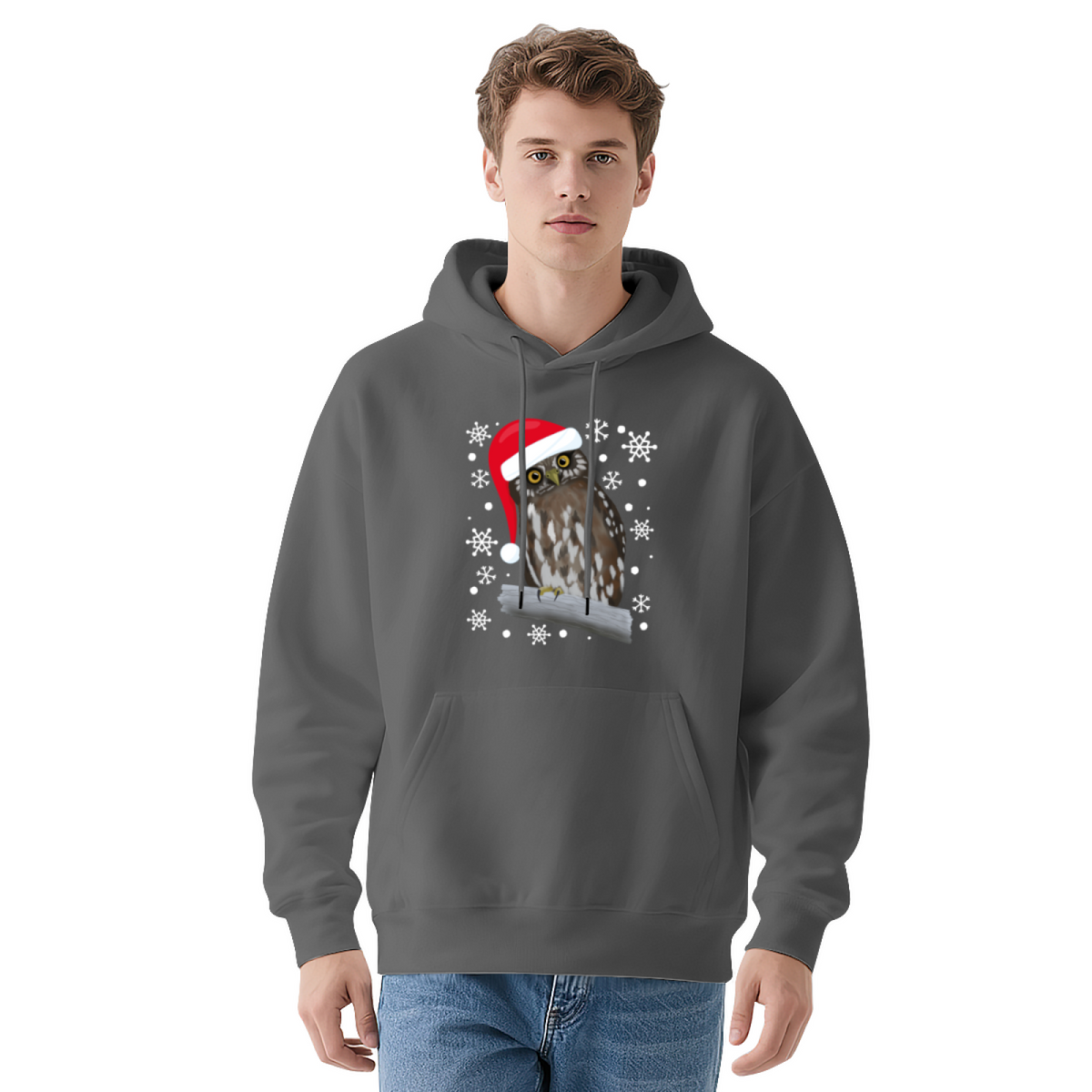Cute Owl Wearing Santa Hat Christmas Graphic Hoodie - Holiday Owl Lover Pullover