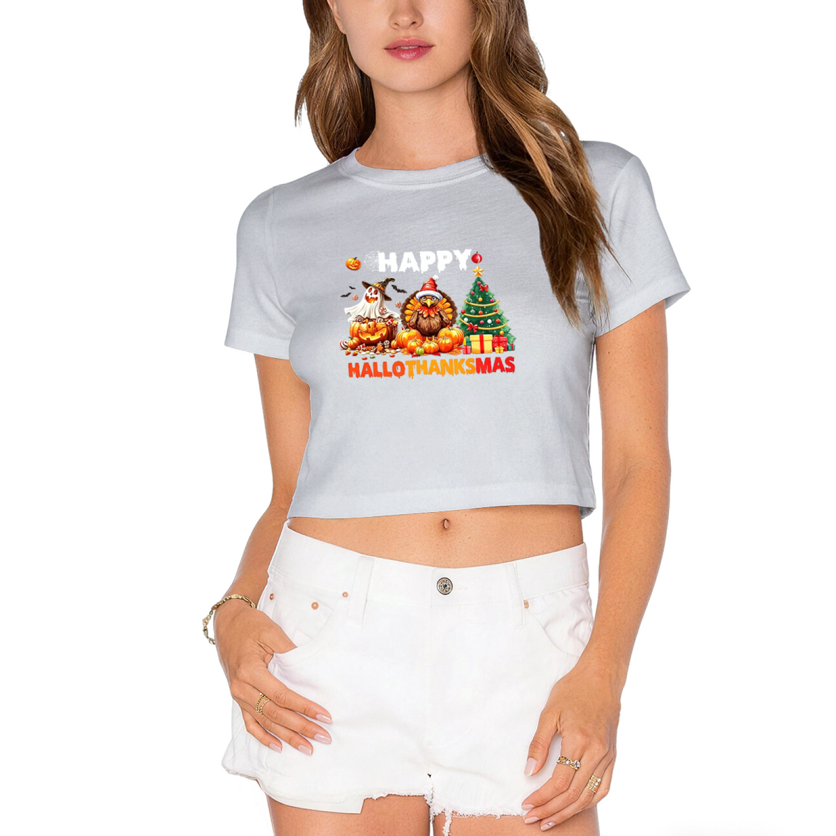 Happy Hallothanksmas Halloween Thanksgiving Christmas Mix Crop Top