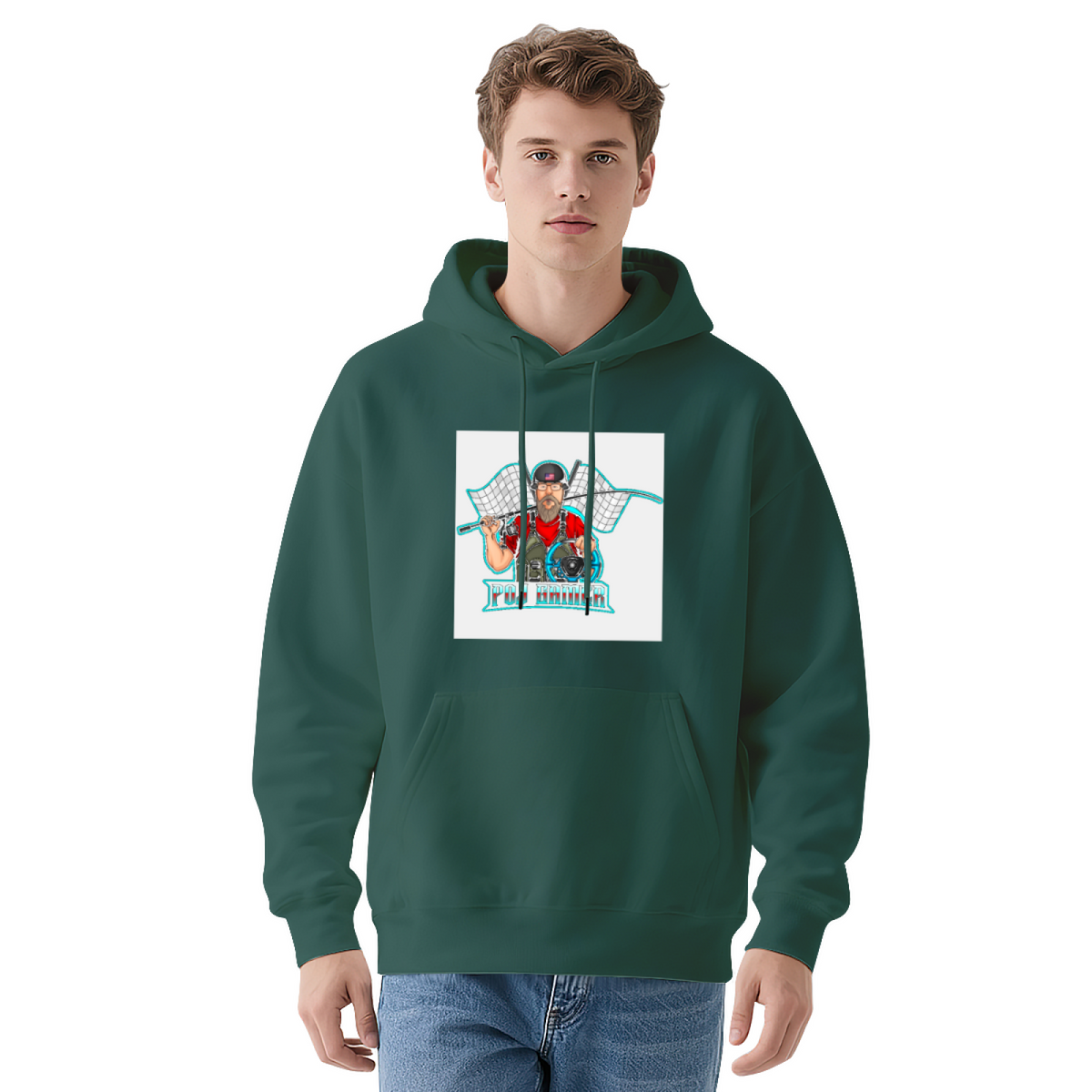 Funny Bearded Man Fishing Cartoon Graphic Hoodie - Angler Humor Pullover