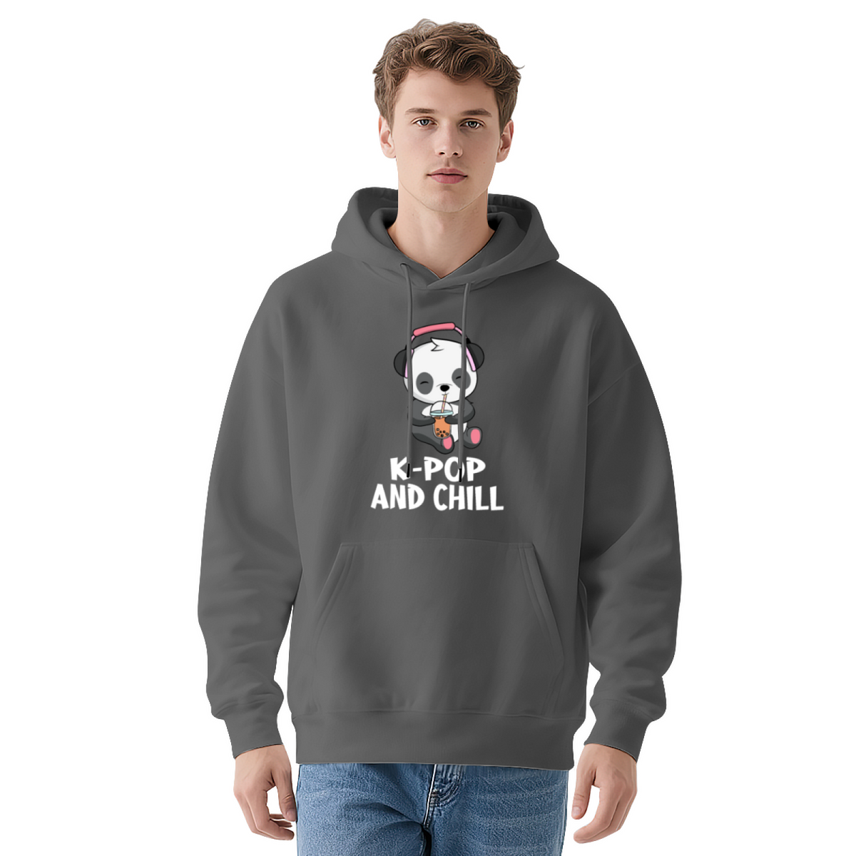 Cute Panda Drinking Bubble Tea with Headphones Graphic Hoodie - Kawaii Anime Pullover