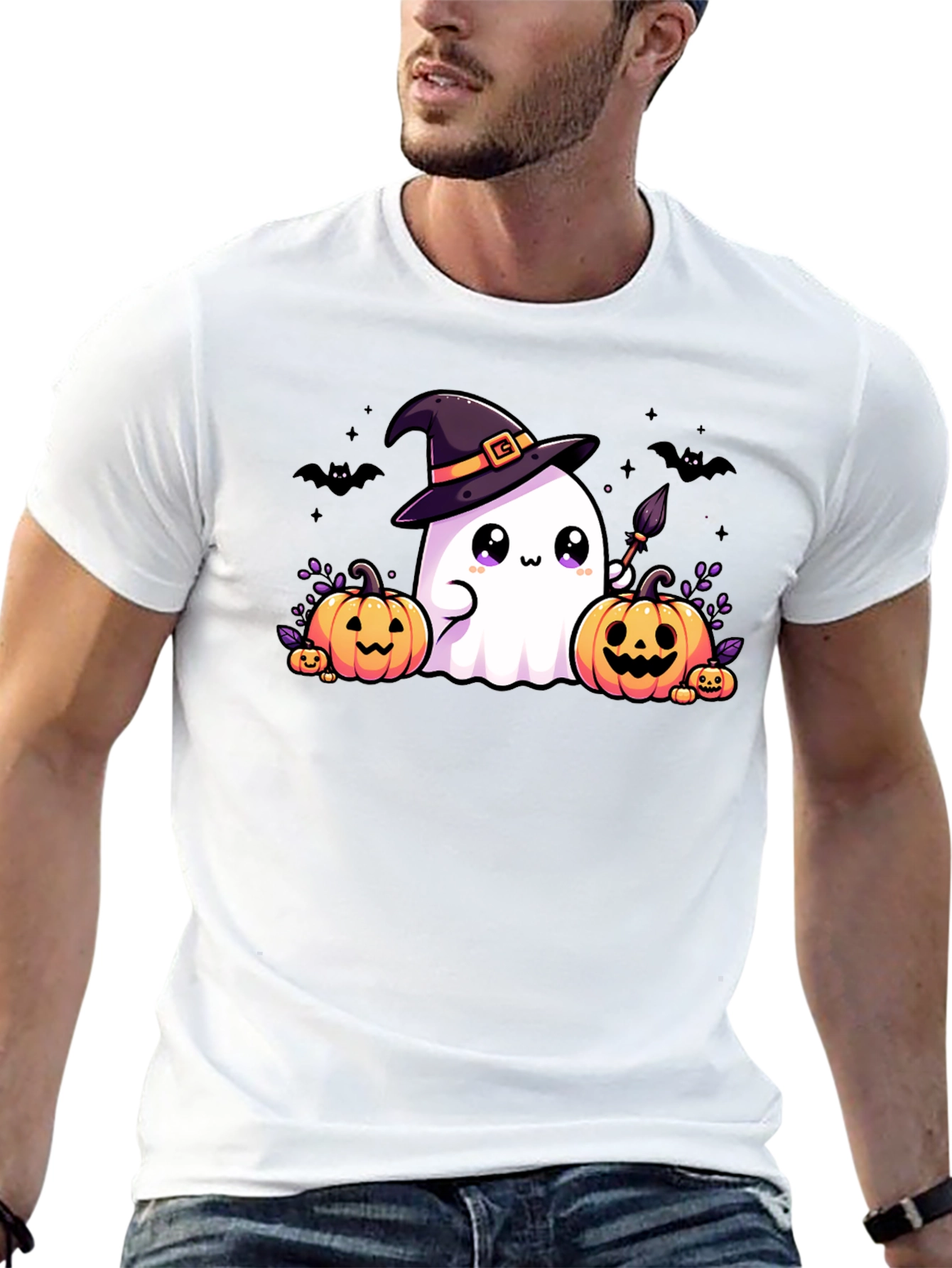 Halloween Ghost & Pumpkins Black T-Shirt