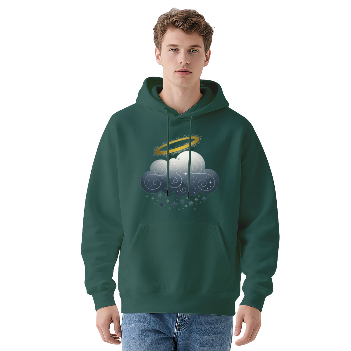 Whimsical Cloud with Golden Halo Celestial Graphic Hoodie - Dreamy Aesthetic Pullover