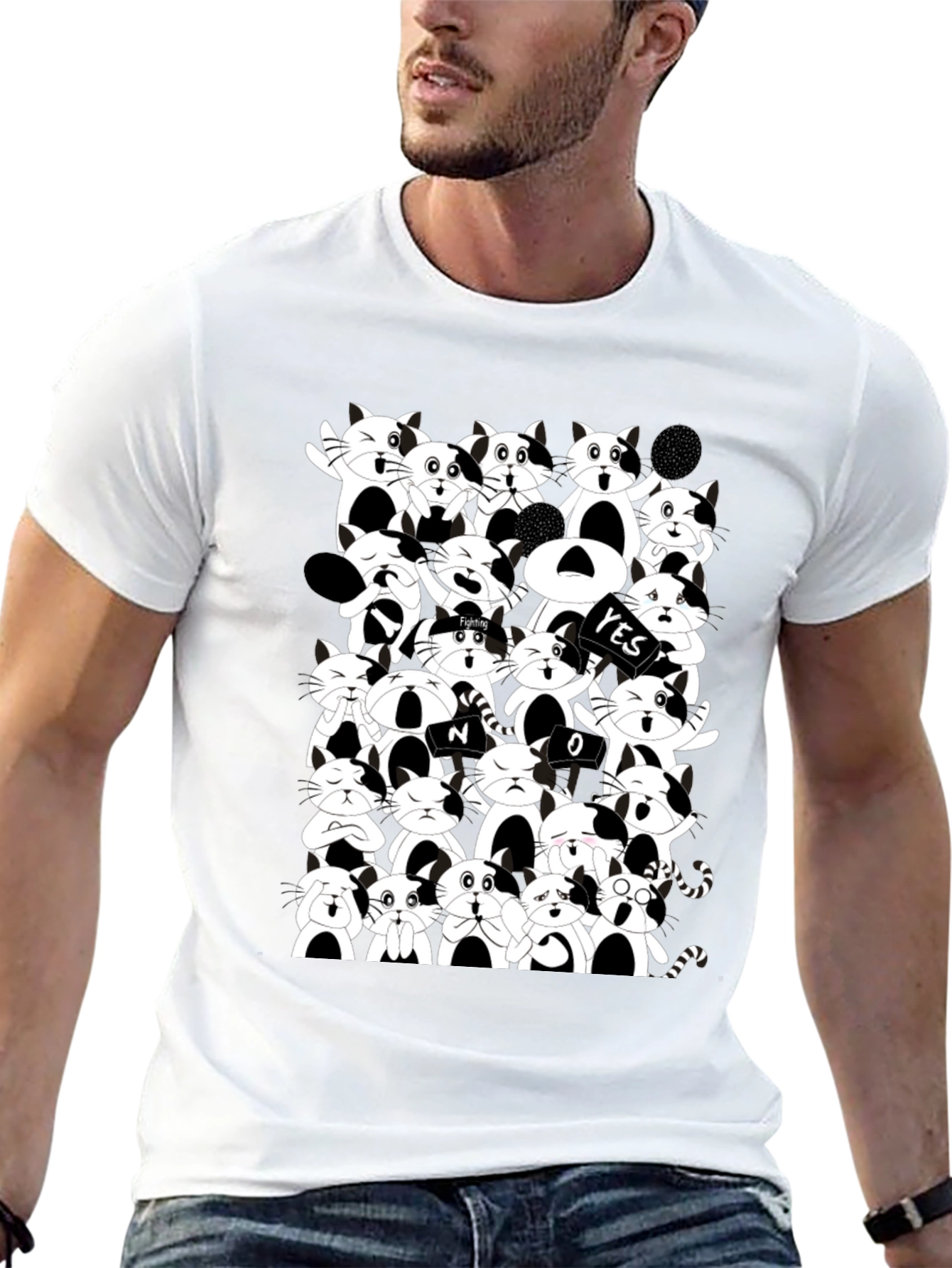 Cartoon Cat Pile Up Black T-Shirt