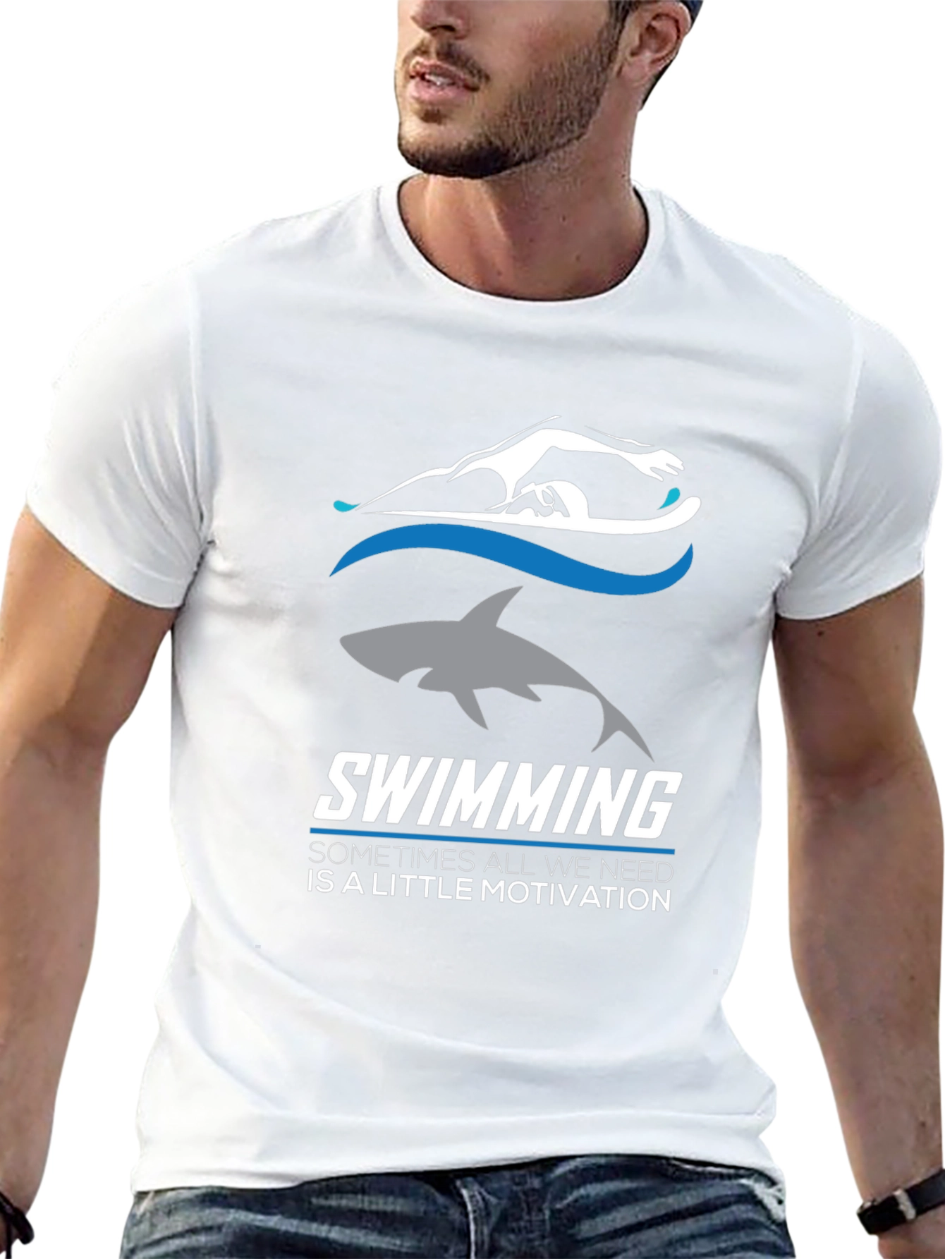 Swimming Motivation T-Shirt: Shark & Swimmer Design