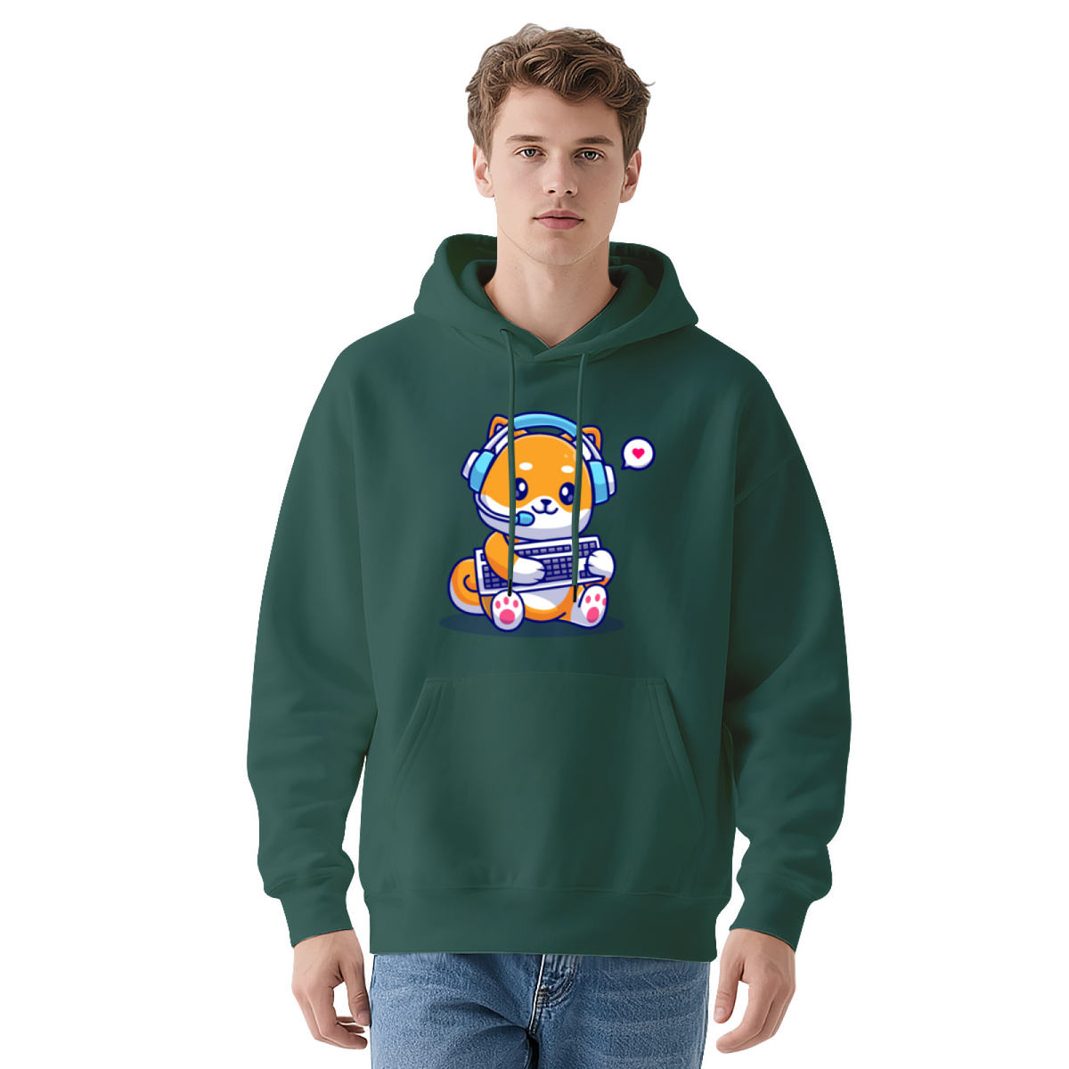 Adorable Shiba Inu Dog with Headphones Working on Laptop Graphic Hoodie - Dog Lover Pullover