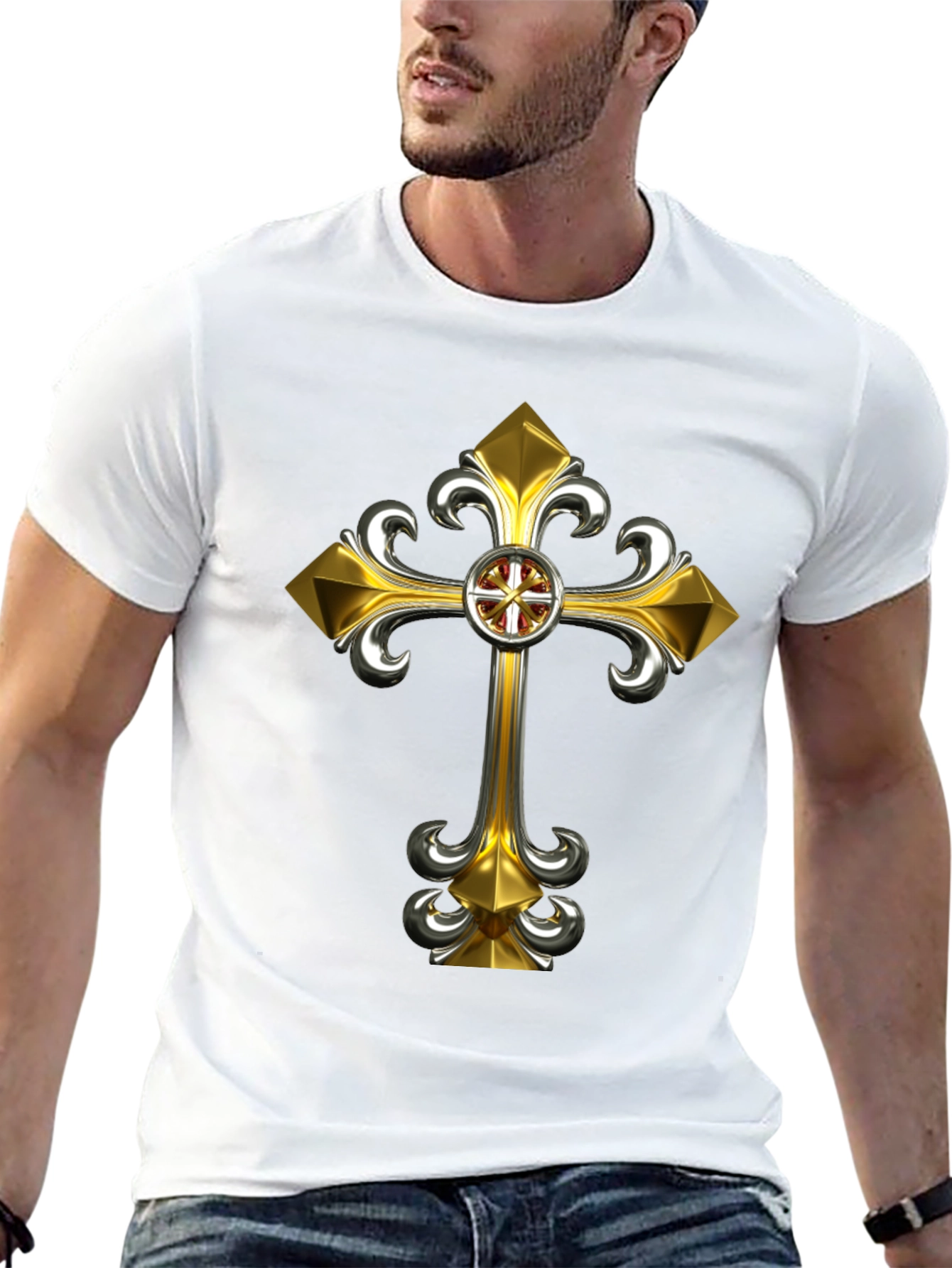 Gothic Gold Cross Graphic Tee - Black