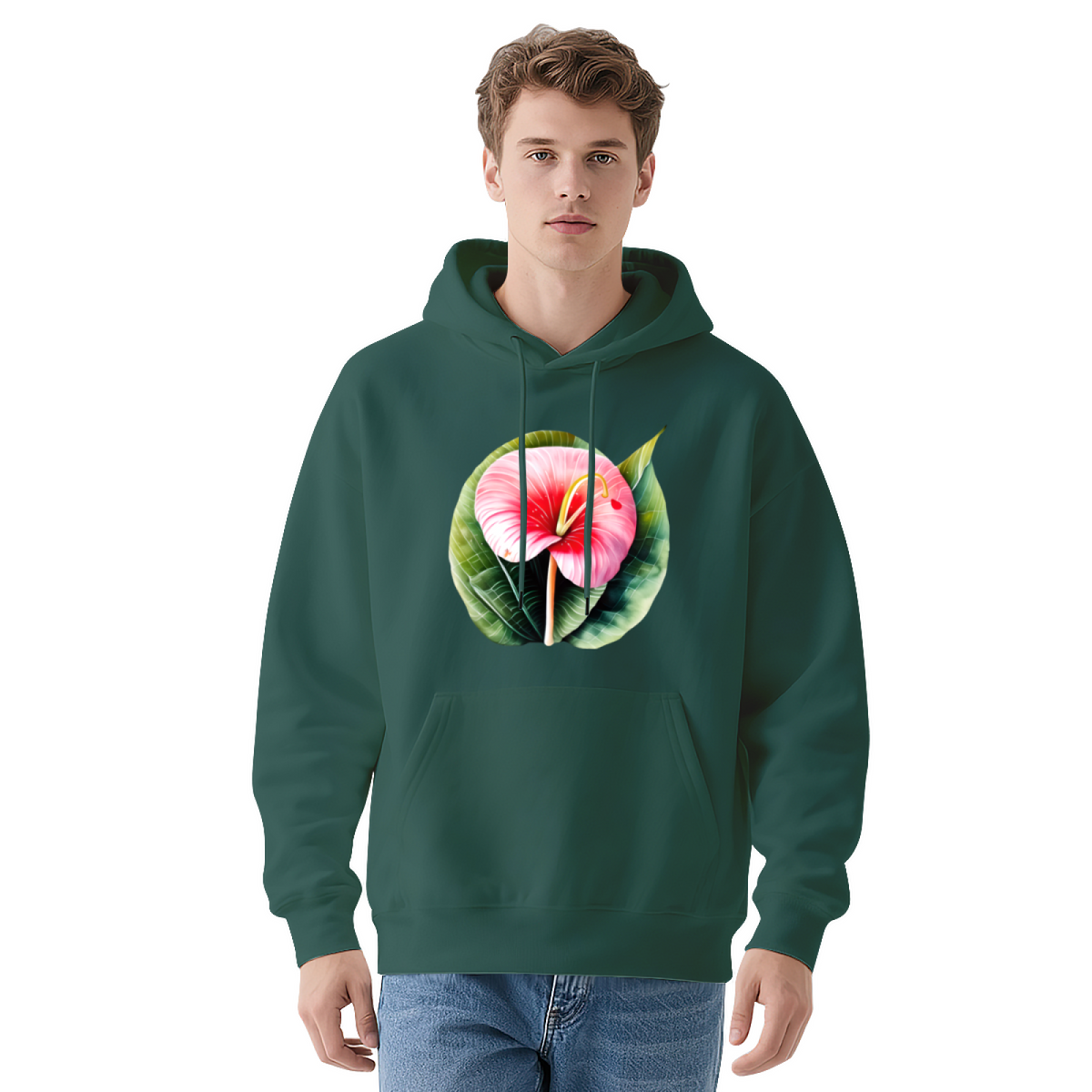 Pink Anthurium Flower Botanical Illustration Graphic Hoodie - Plant Lover Pullover