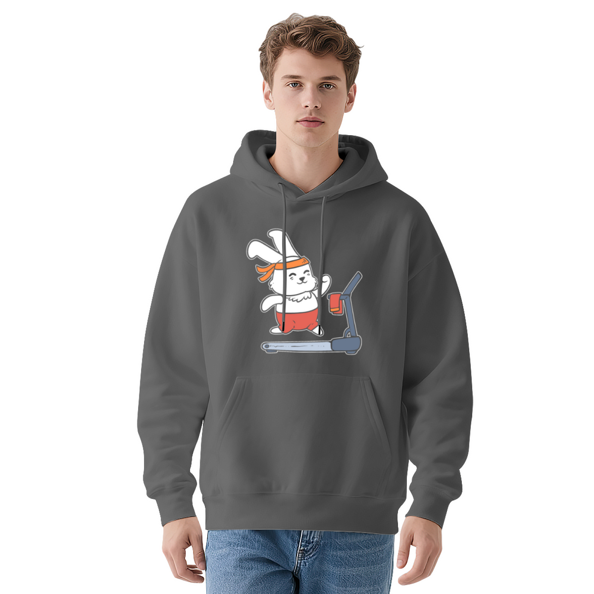 Cartoon Rabbit Running on Treadmill Funny Graphic Hoodie - Bunny Lover Pullover Sweatshirt