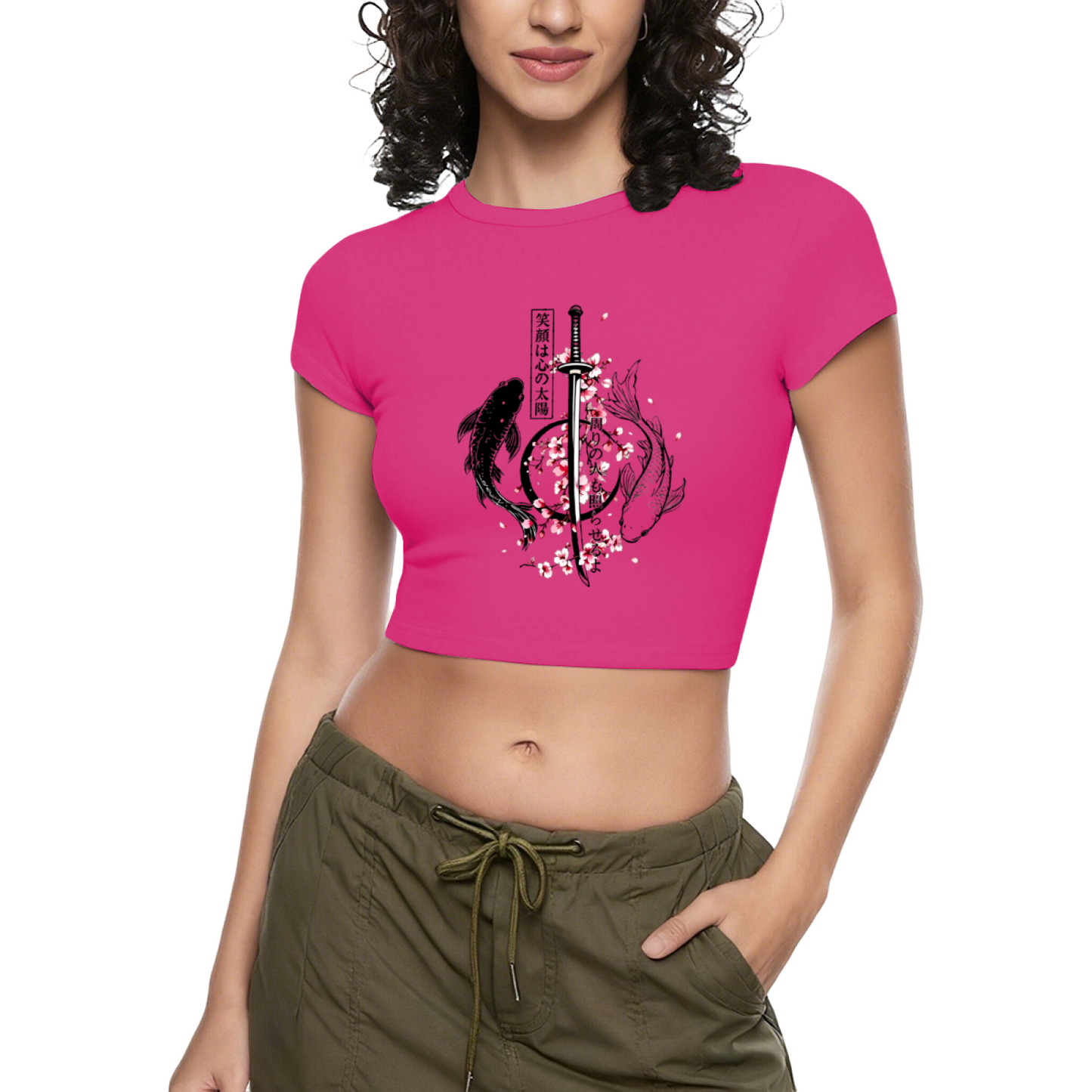 Japanese Koi Sword Cherry Blossom Vintage Red Crop Tee