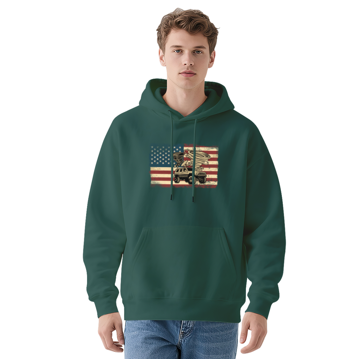 Vintage Car & Patriotic Print Hoodie - Comfortable Graphic Sweatshirt, Great Gift Idea for Men & Women