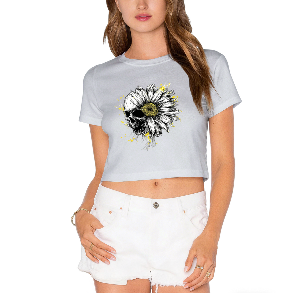 Skull Daisy Spooky Halloween Art Crop Top