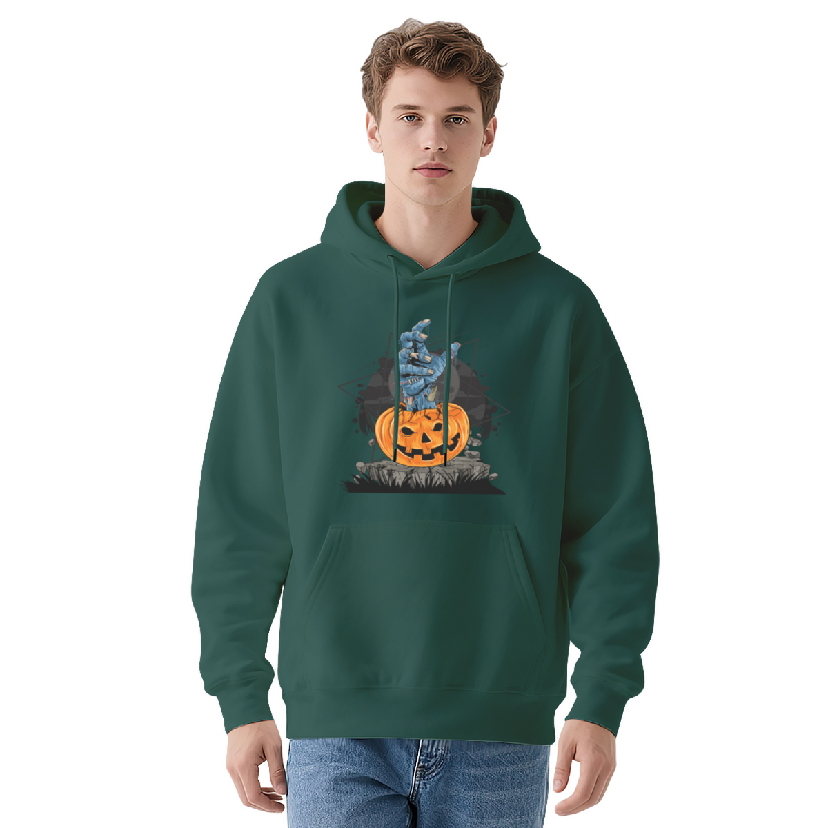 Halloween Skeleton Hand Jack-O-Lantern Spooky Graphic Hoodie - Scary Holiday Pullover