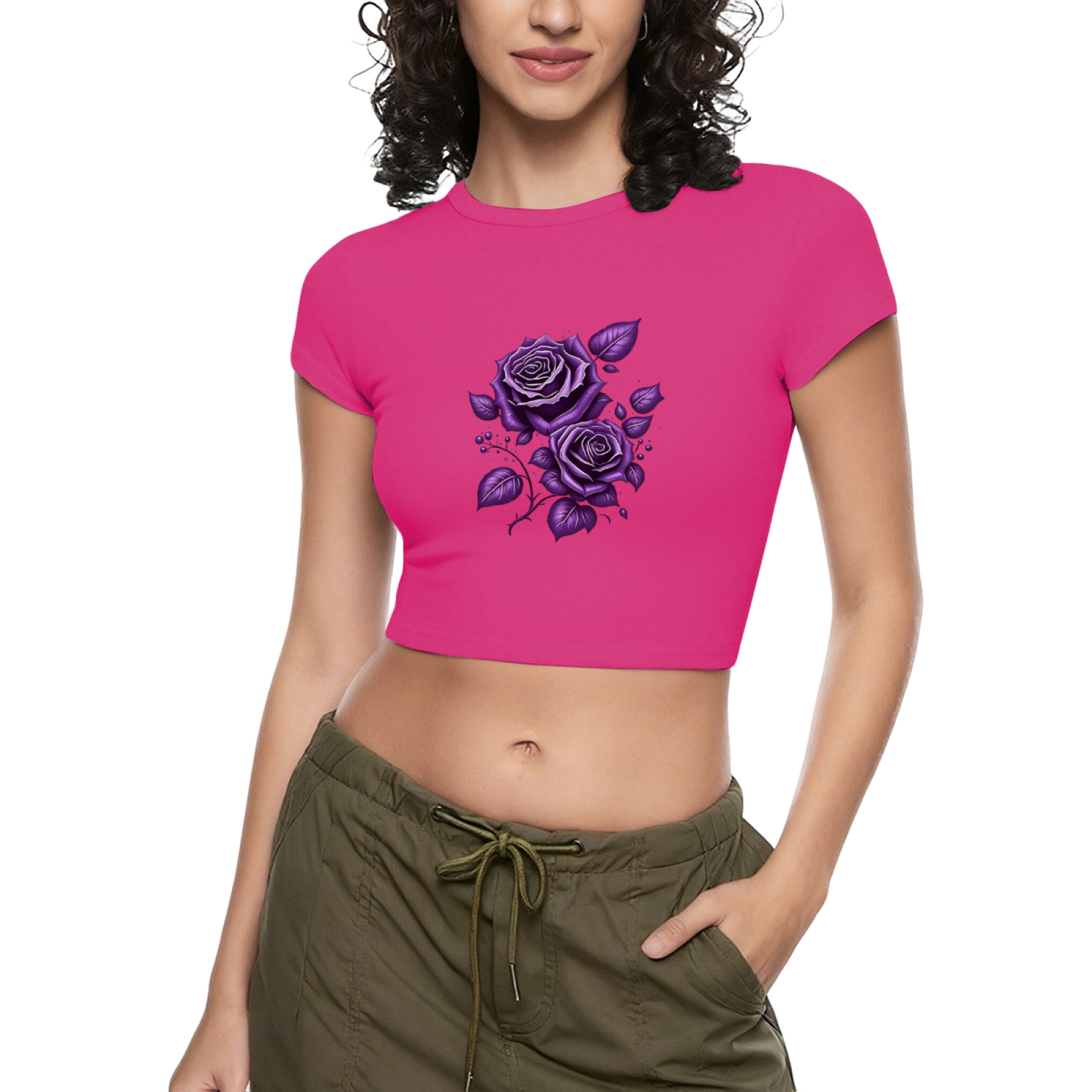 Dark Purple Gothic Rose Art Black Crop Top ¨C Grunge Floral Streetwear