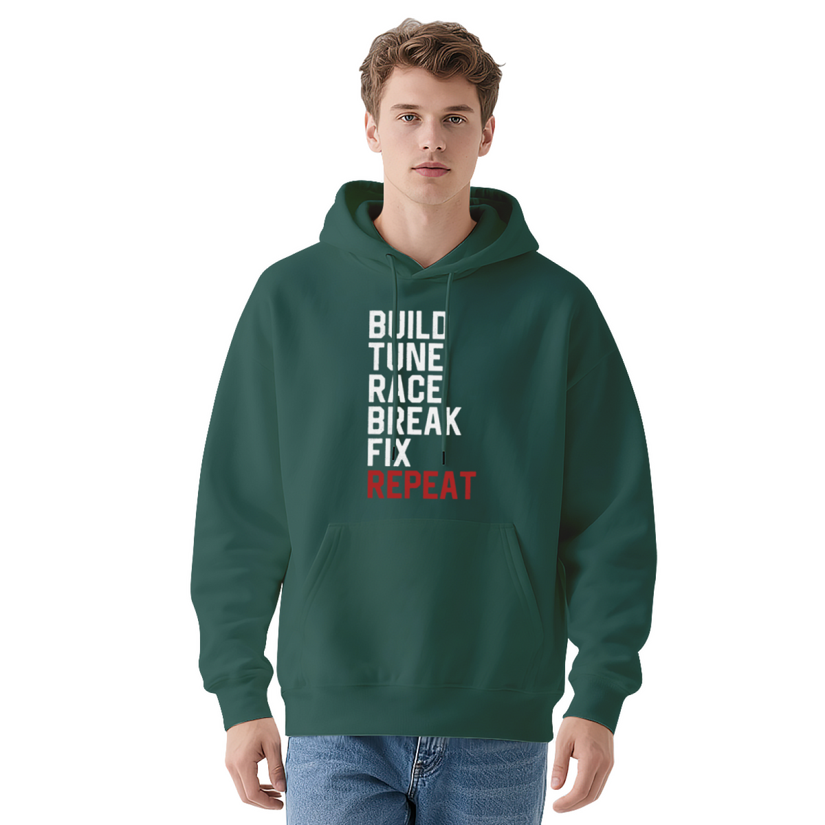 Build Tune Race Break Fix Repeat Mechanic Graphic Hoodie - Car Enthusiast Pullover