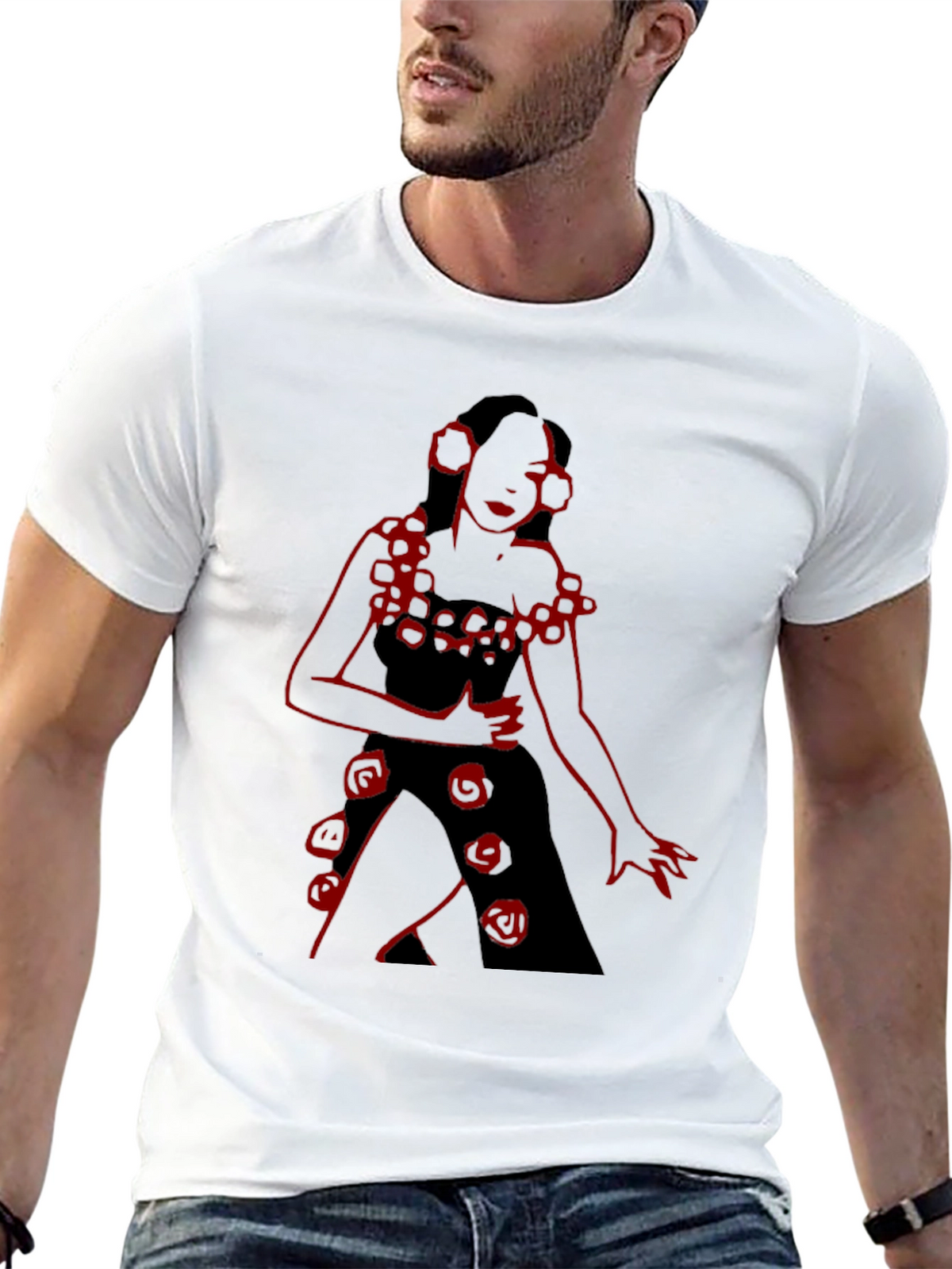Unique Black T-Shirt with Red Rose Lady Design