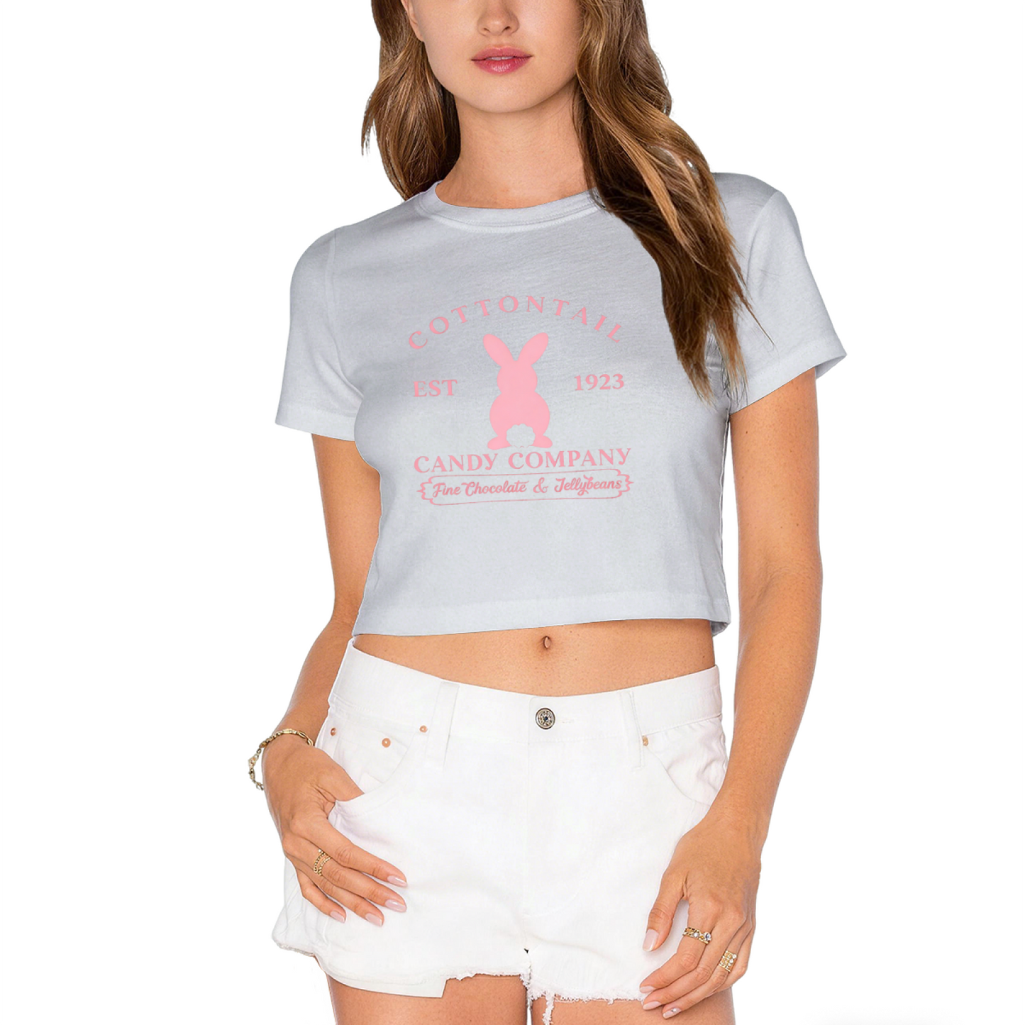 Retro White Crop Top With Vintage Cottontail Bunny Candy Co Print