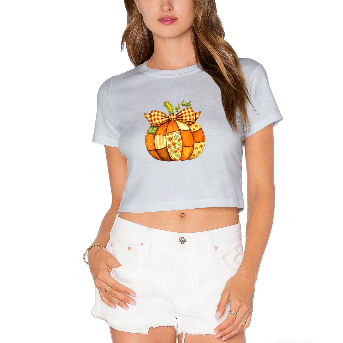Patchwork Plaid Bow Pumpkin Fall Thanksgiving Season Crop Top