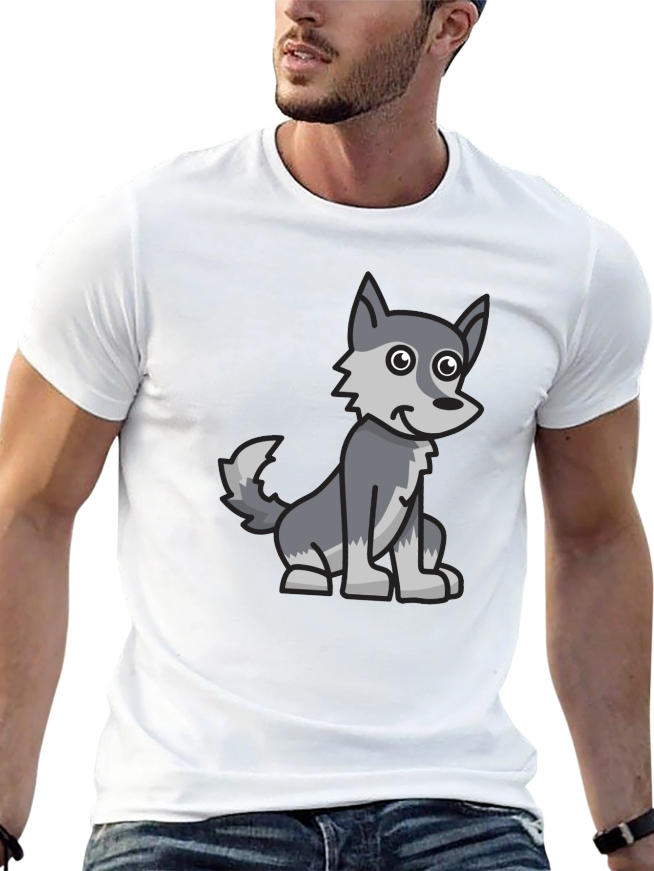 Cartoon Wolf Graphic Tee - Black Cotton Blend T-Shirt