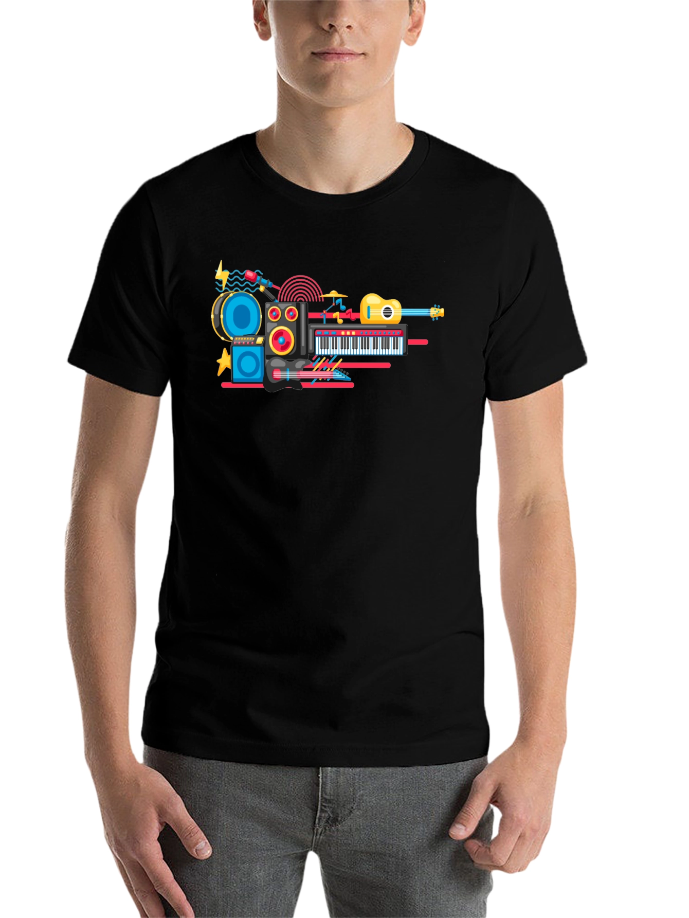 Music Instrument Graphic Print Black T-Shirt