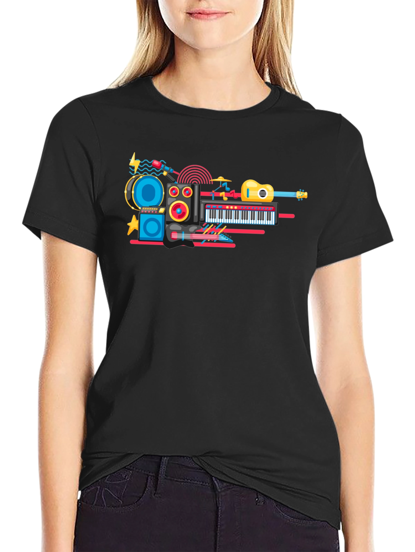 Music Instrument Graphic Print Black T-Shirt