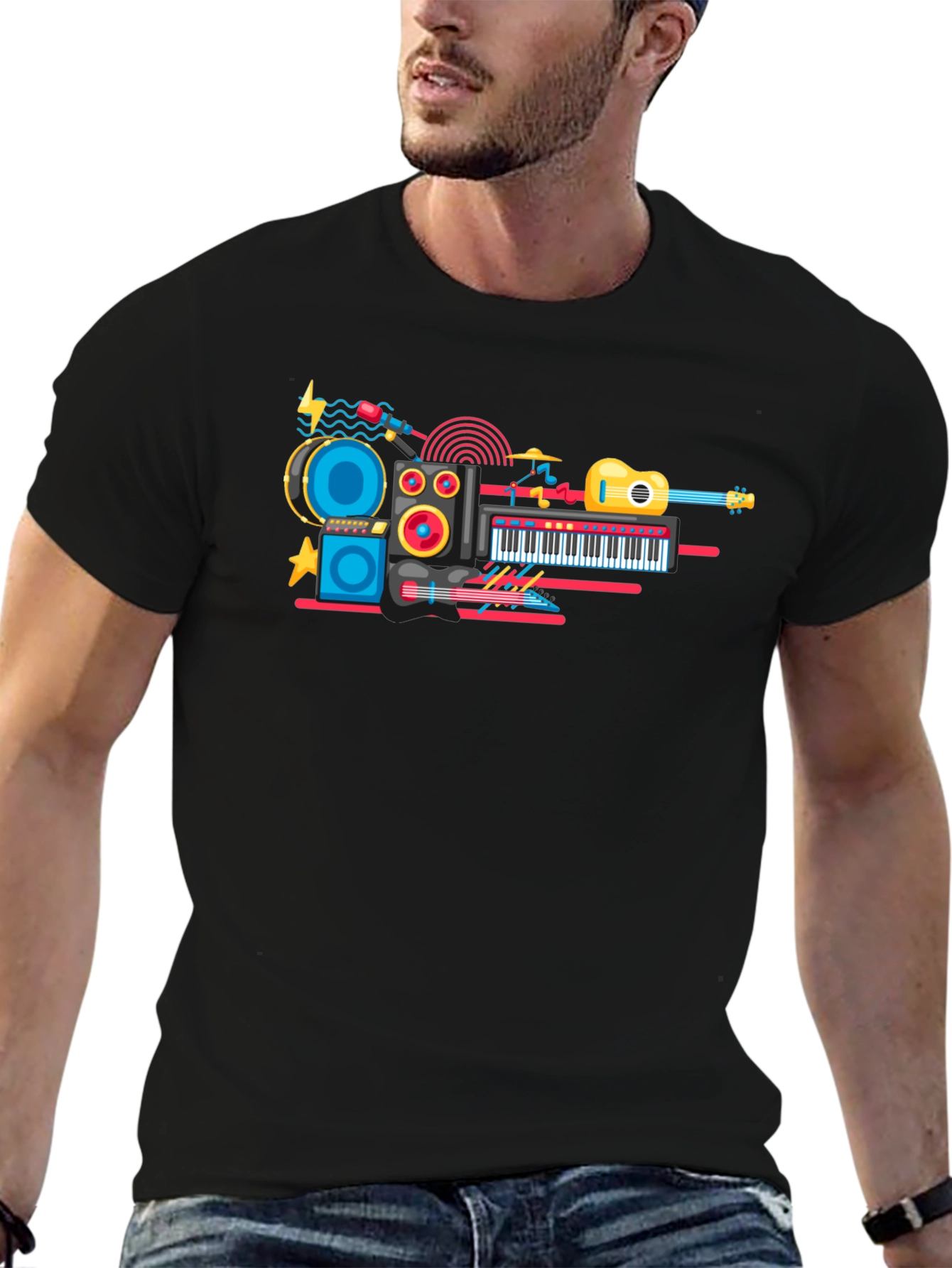 Music Instrument Graphic Print Black T-Shirt