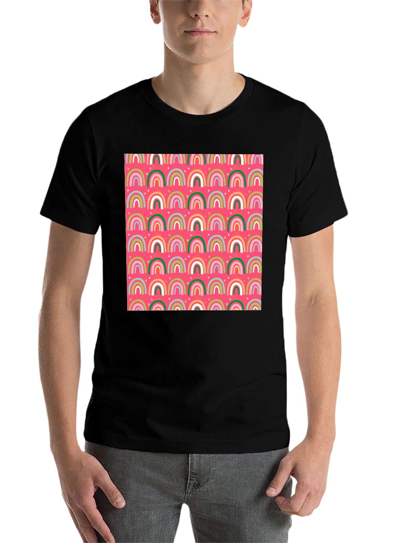 Rainbow Heart Pattern Crew Neck T-Shirt