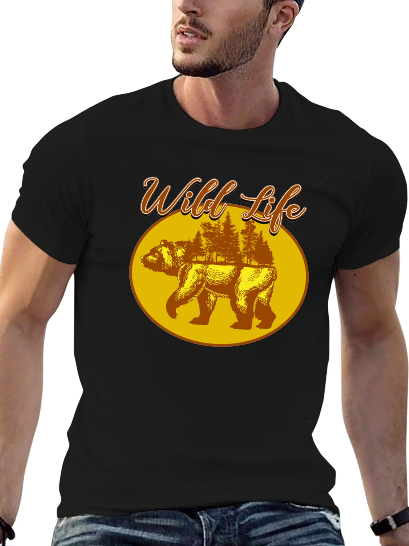 Wild Life Bear Graphic Print Black T-Shirt