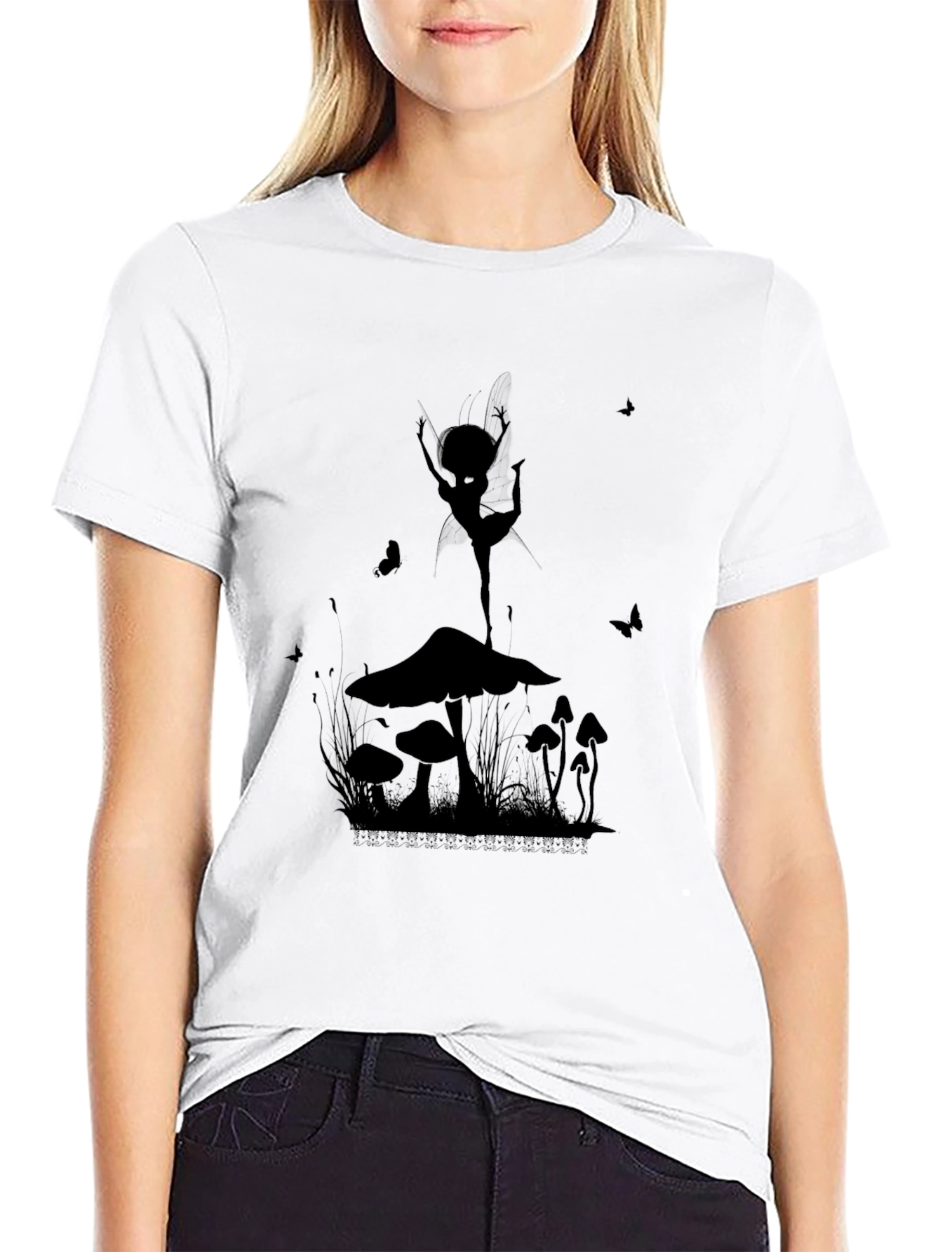 Mushroom Fairy Graphic T-Shirt - Black Cotton Tee