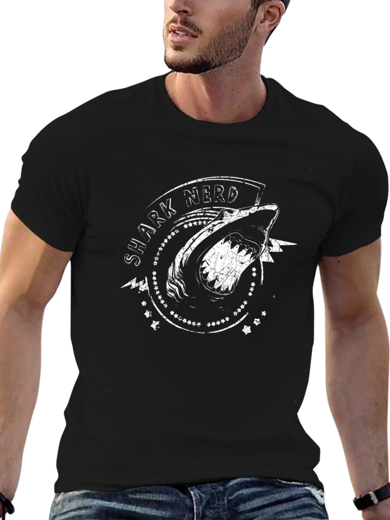 Shark Nerd Graphic Tee - Black Cotton T-Shirt
