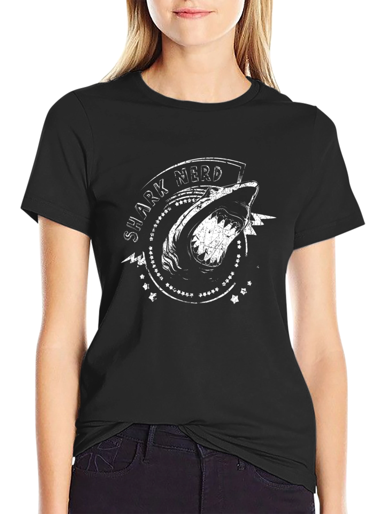 Shark Nerd Graphic Tee - Black Cotton T-Shirt
