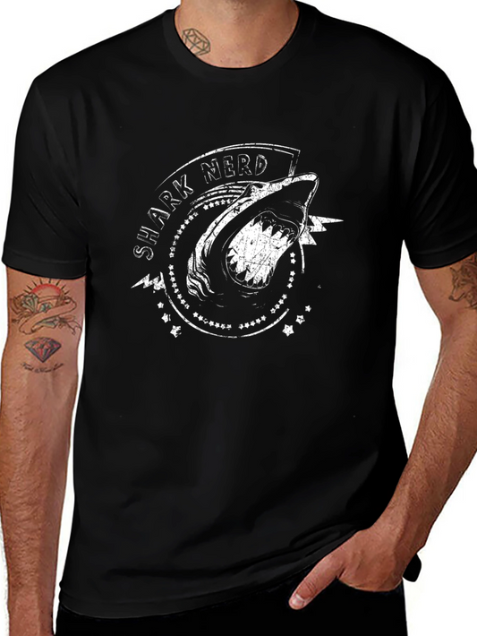 Shark Nerd Graphic Tee - Black Cotton T-Shirt