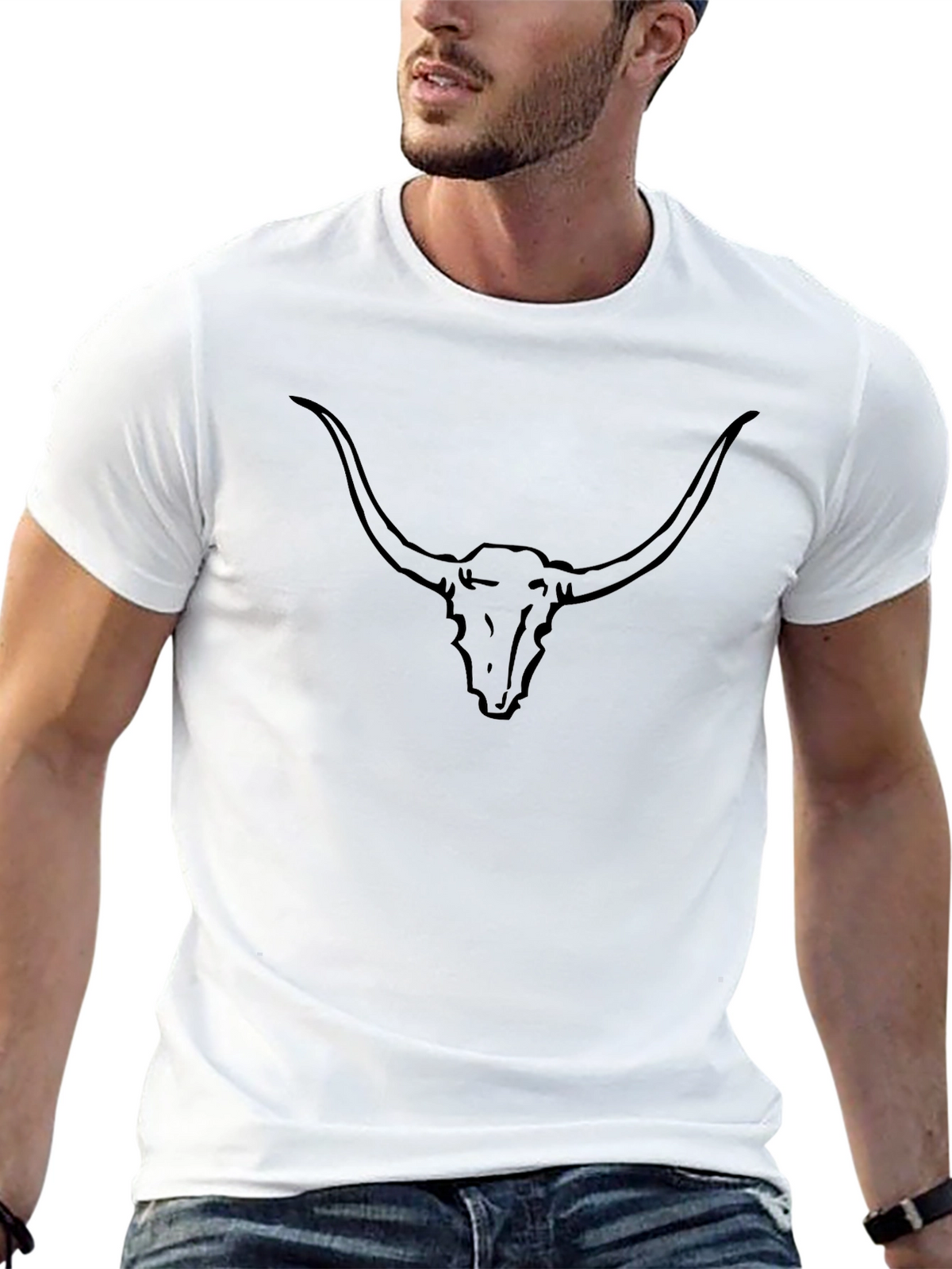 Black Longhorn Skull Graphic Tee - Western Style