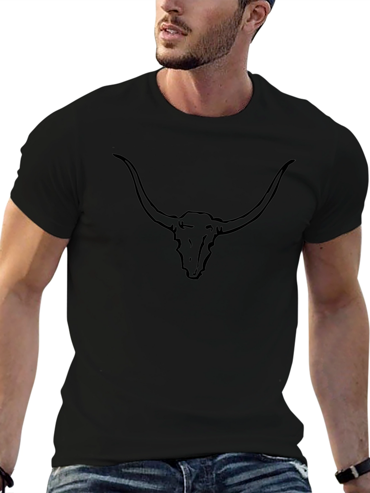 Black Longhorn Skull Graphic Tee - Western Style