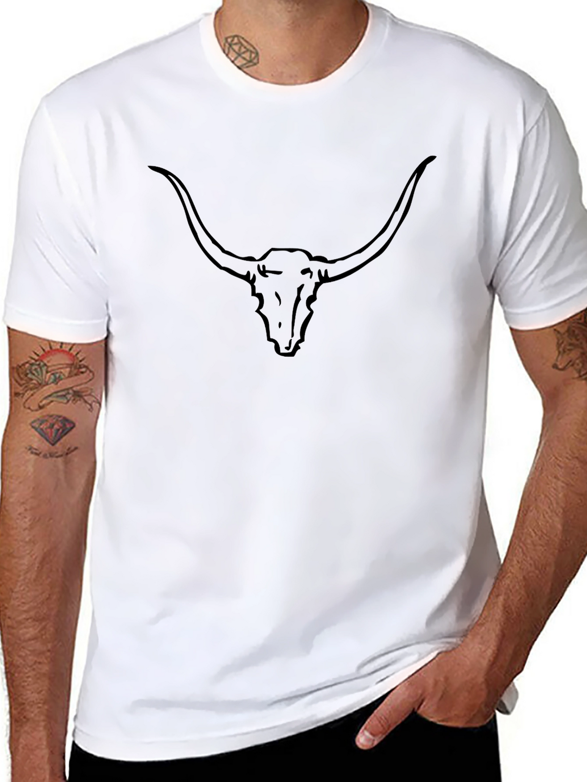 Black Longhorn Skull Graphic Tee - Western Style