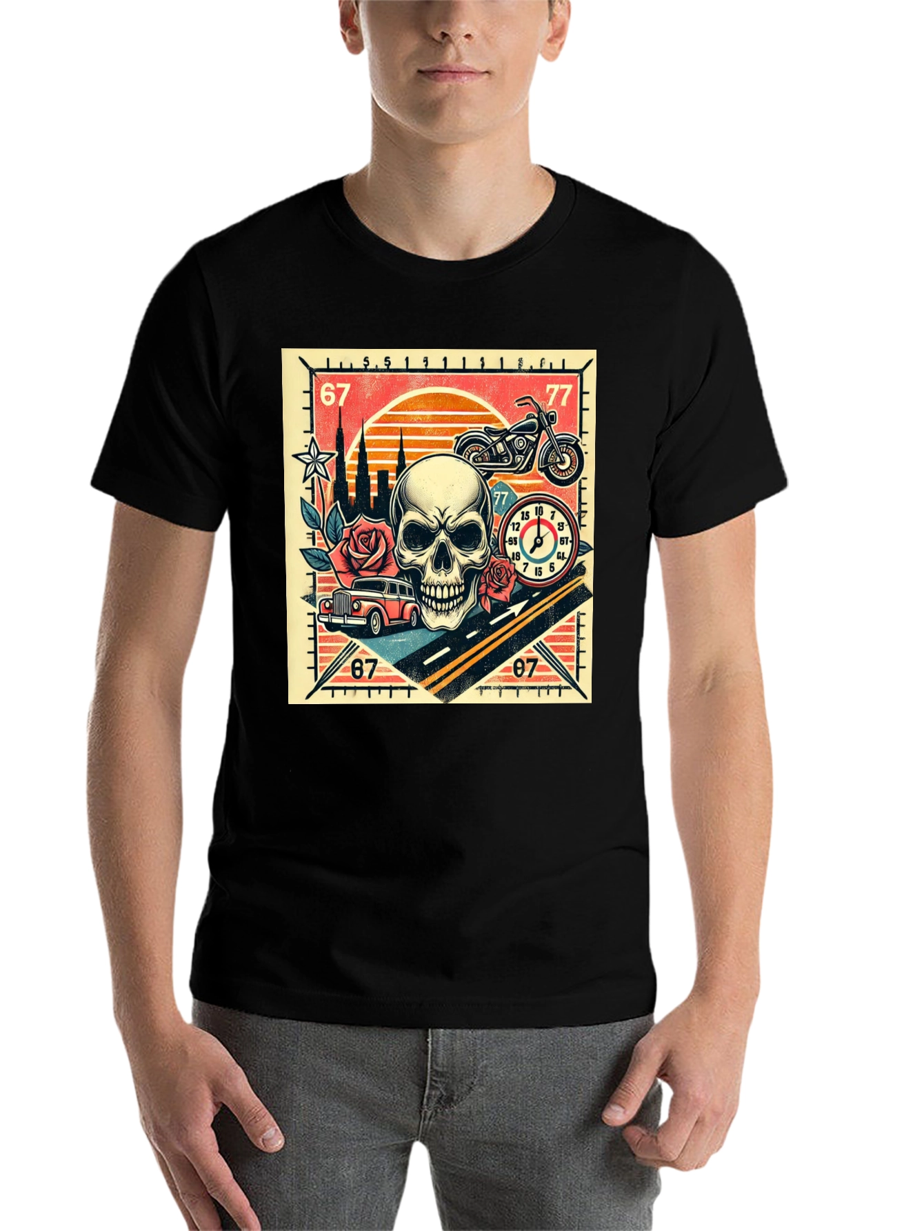 Skull Roses and Motorcycle Graphic T-Shirt