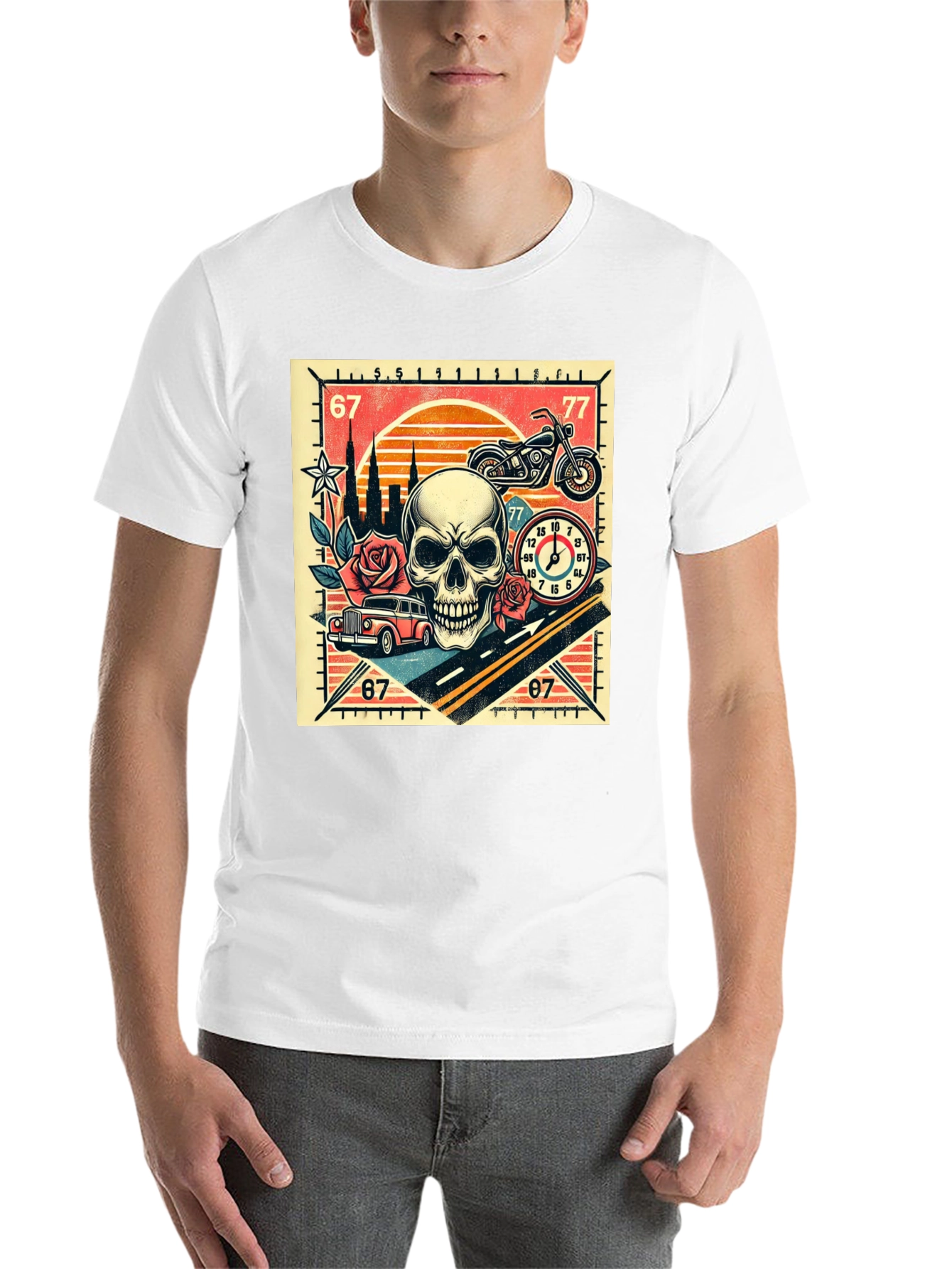 Skull Roses and Motorcycle Graphic T-Shirt