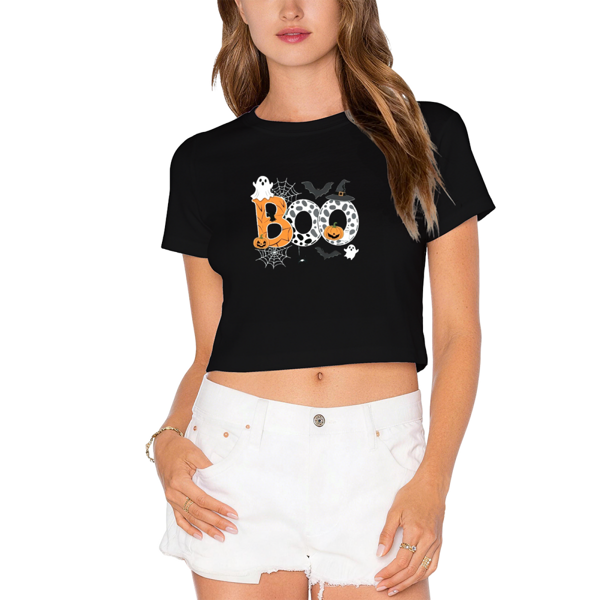 Boo Spooky Ghost Bat Witch Hat Halloween Crop Top