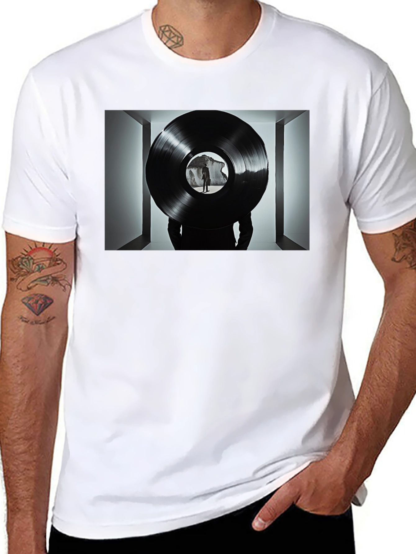Abstract Record Print Black Tee