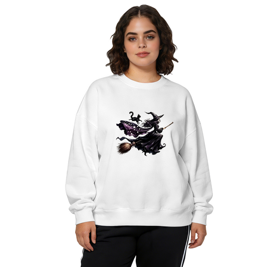 Dark Witch On Broomstick With Black Cat Halloween Crewneck Sweatshirt