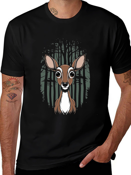 Deer in Forest Graphic Tee - Black Cotton Blend T-Shirt