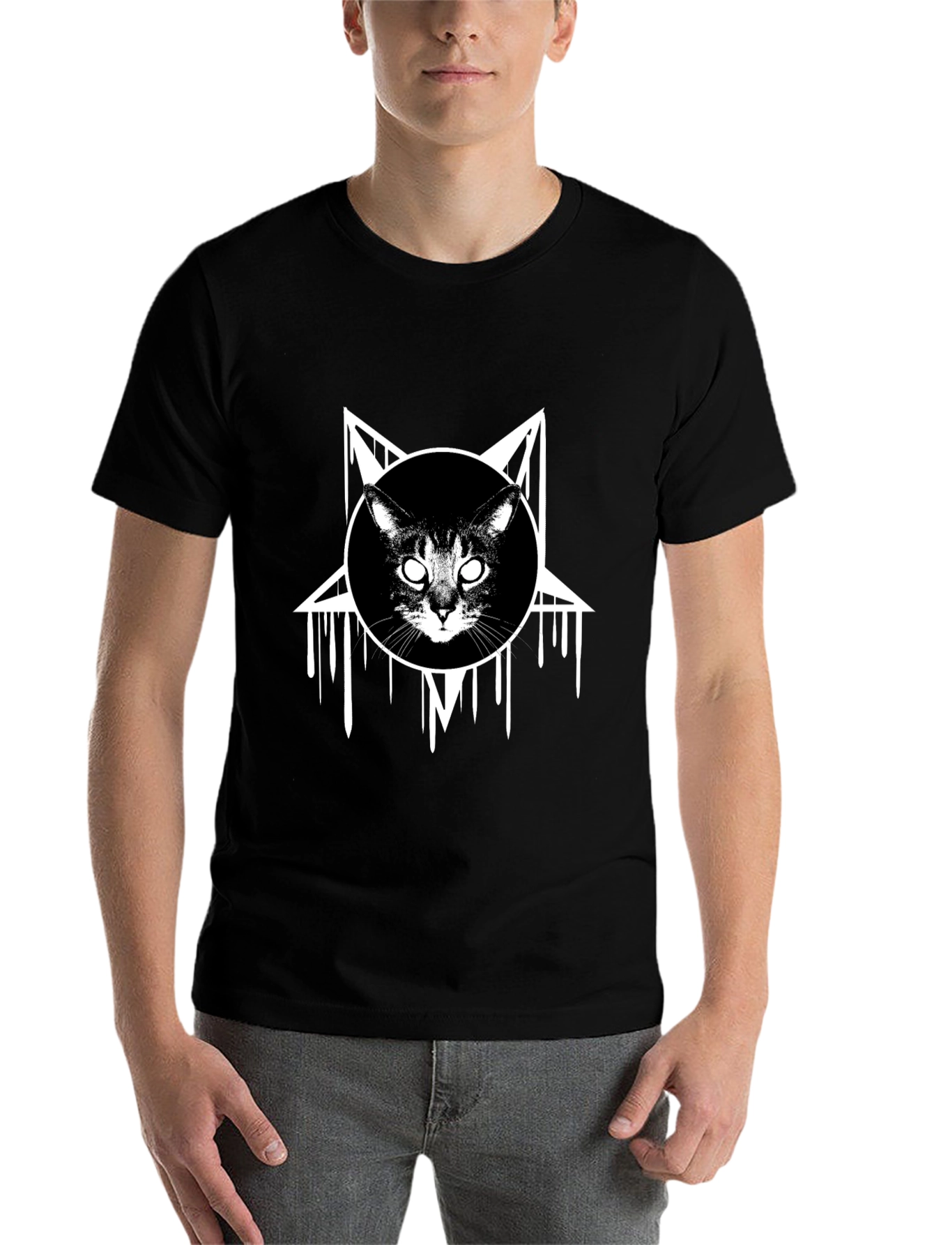 Occult Cat Graphic Tee - Black Cotton T-Shirt