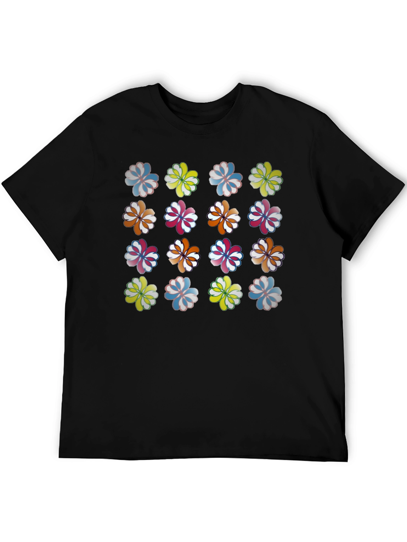 Floral Pattern Crew Neck T-Shirt - Black