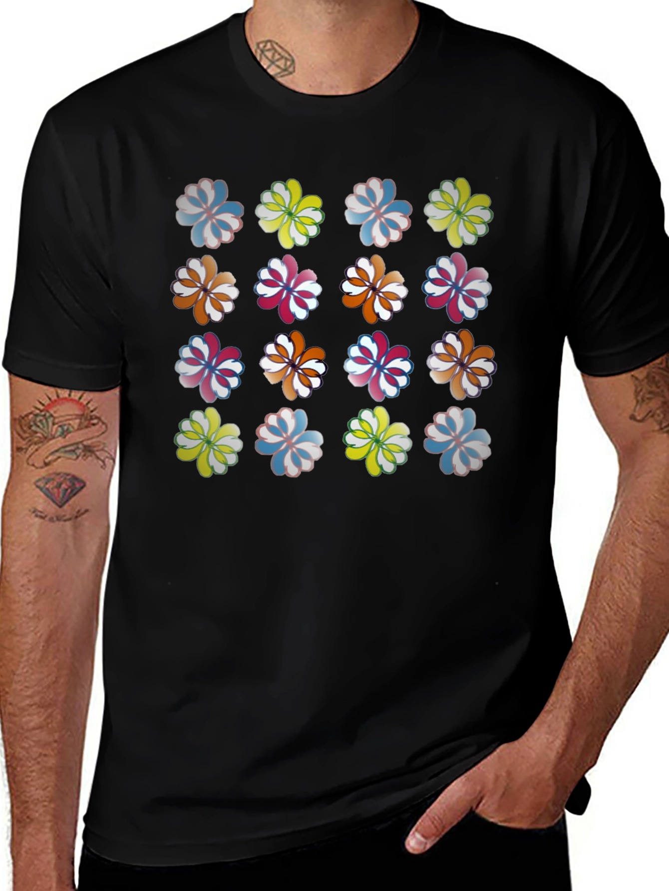 Floral Pattern Crew Neck T-Shirt - Black