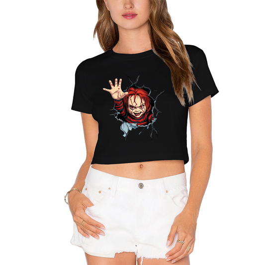 Terrifying Chucky Breaking Through Wall Horror Halloween Crop Top