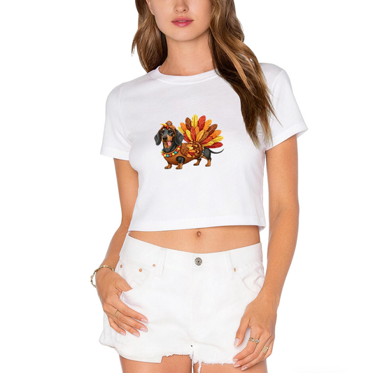 Cute Dachshund In Turkey Costume Thanksgiving Cropped Tee