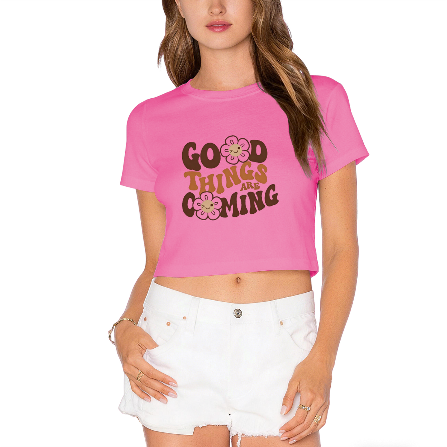 Boho Gray Crop Tee Printed With Flowers & Good Things Are Coming Quote