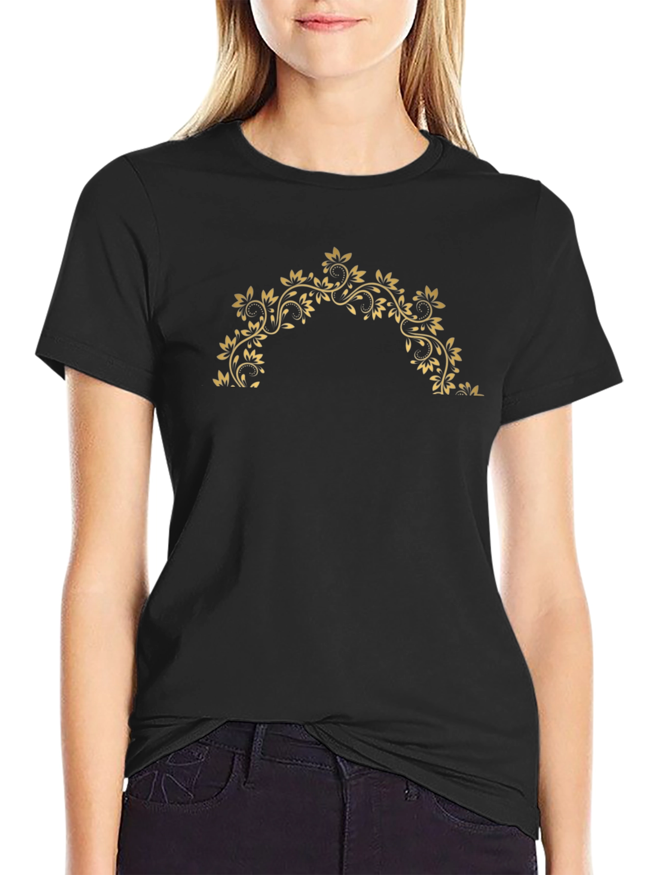 Black T-Shirt with Floral Design
