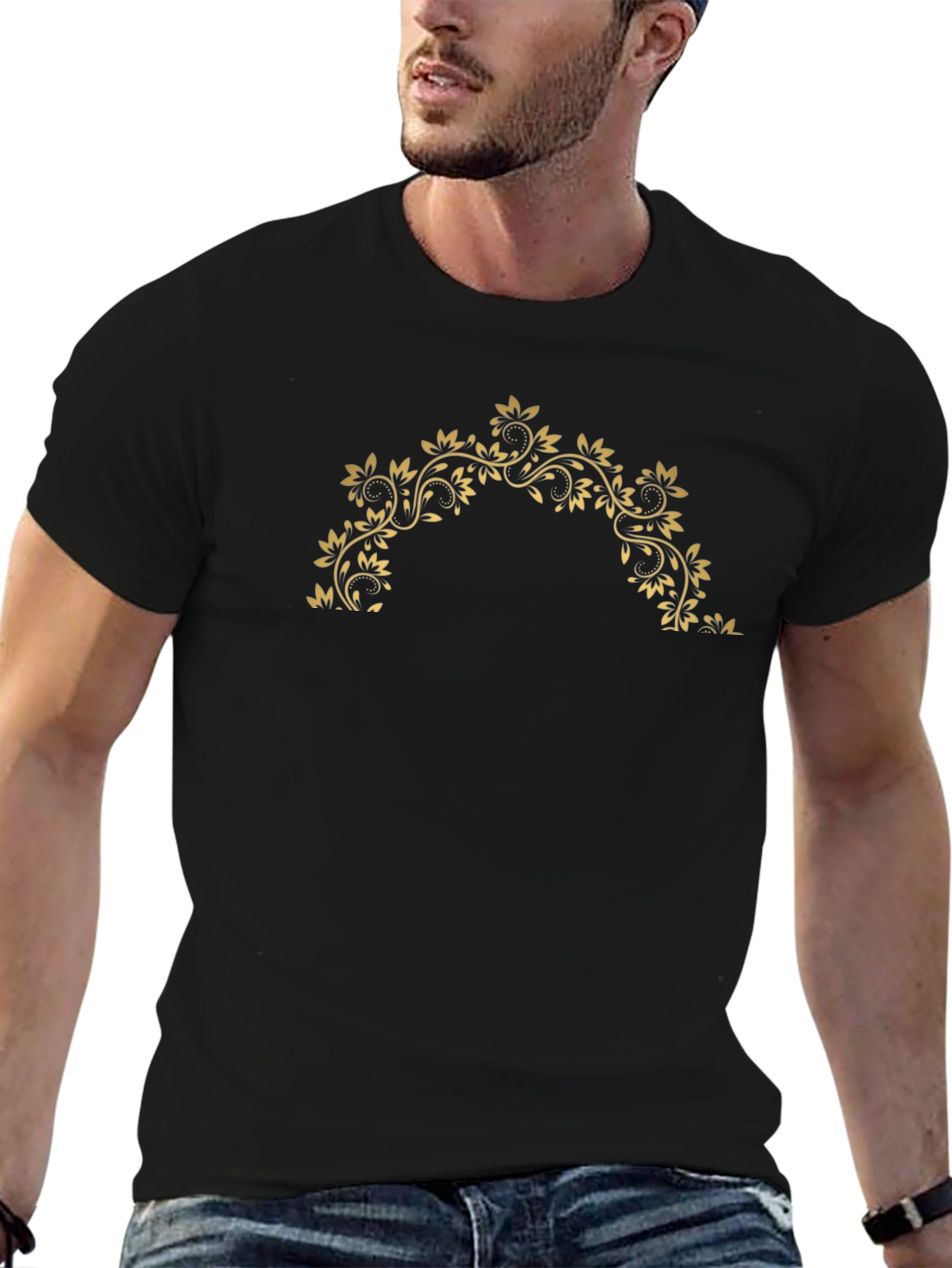 Black T-Shirt with Floral Design